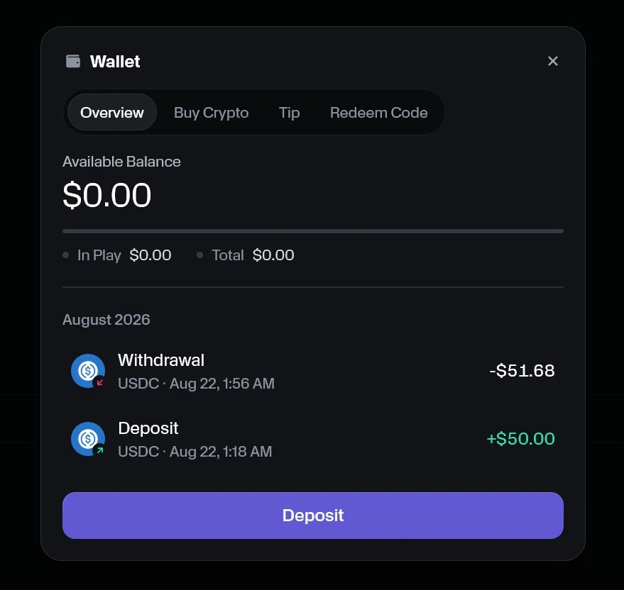 Carteira do Moon.com mostrando um depósito de $50,00 USDC à 01:18 e um levantamento de $51,68 USDC à 01:56 de 22 de agosto de 2026, saldo final $0,00