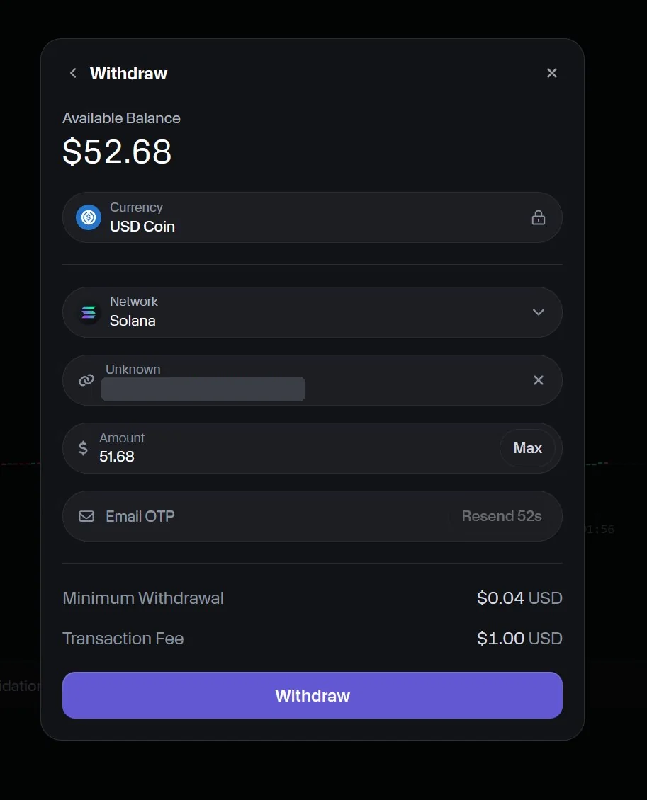 Moon.com-Auszahlungsdialog mit 1,00 $ Transaktionsgebühr und 0,04 $ Mindestauszahlung für eine USDC-Auszahlung über das Solana-Netzwerk