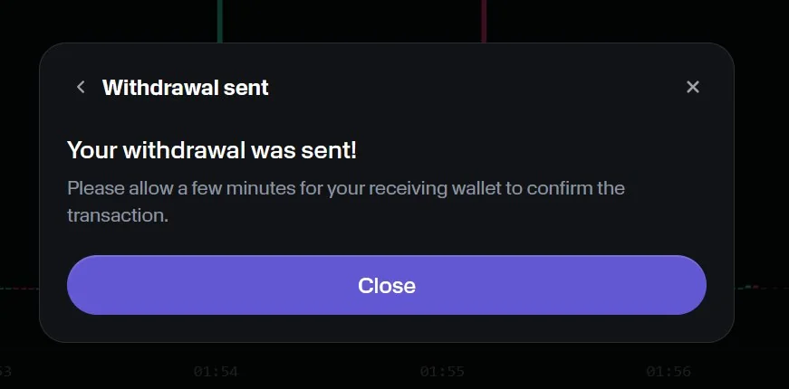 Moon.com-Bestätigung mit dem Text Withdrawal sent, die den Nutzer bittet, der empfangenden Wallet einige Minuten für die Bestätigung der Transaktion zu geben